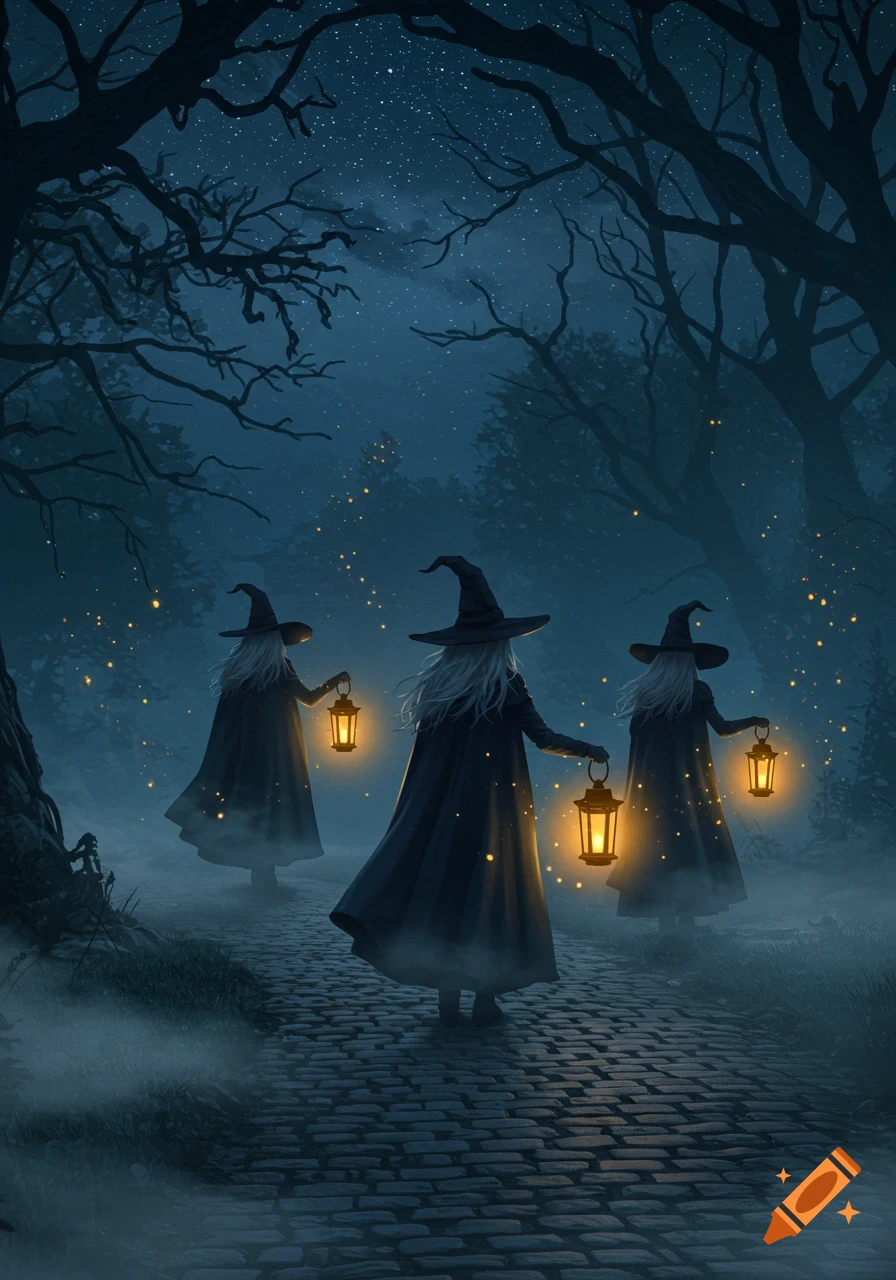 Three cloaked witches with long white hair walk down a cobblestone path in a misty, dark forest at night, carrying glowing lanterns under a starry sky.
