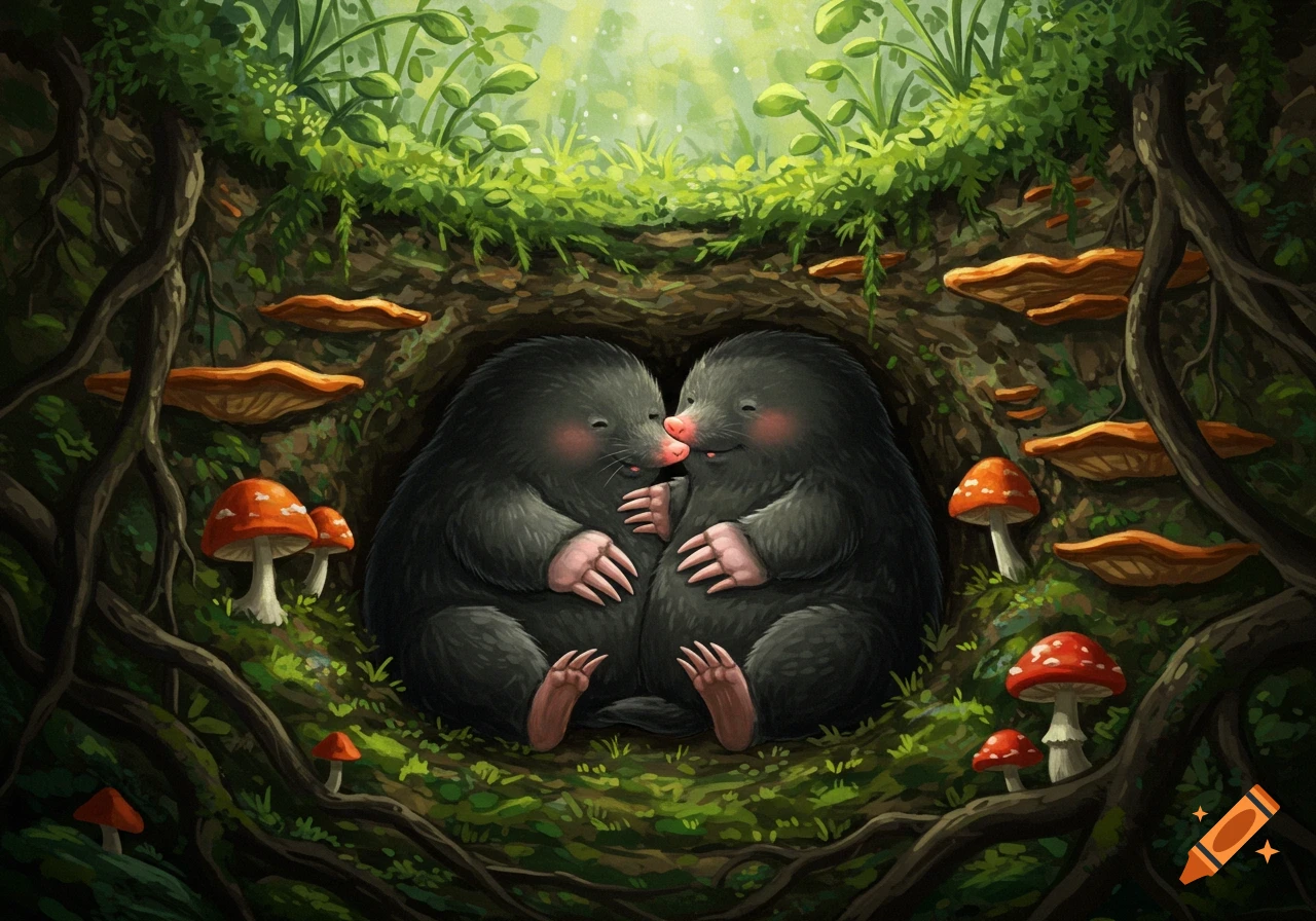 Two adorable dark moles with pink noses and paws hug in a heart-shaped burrow surrounded by green foliage, tree roots, and colorful mushrooms.