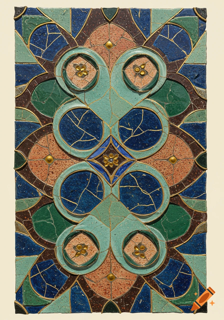 A richly detailed, point-symmetrical mosaic of abstract shapes in blue, green, terracotta, and brown, outlined in gold.