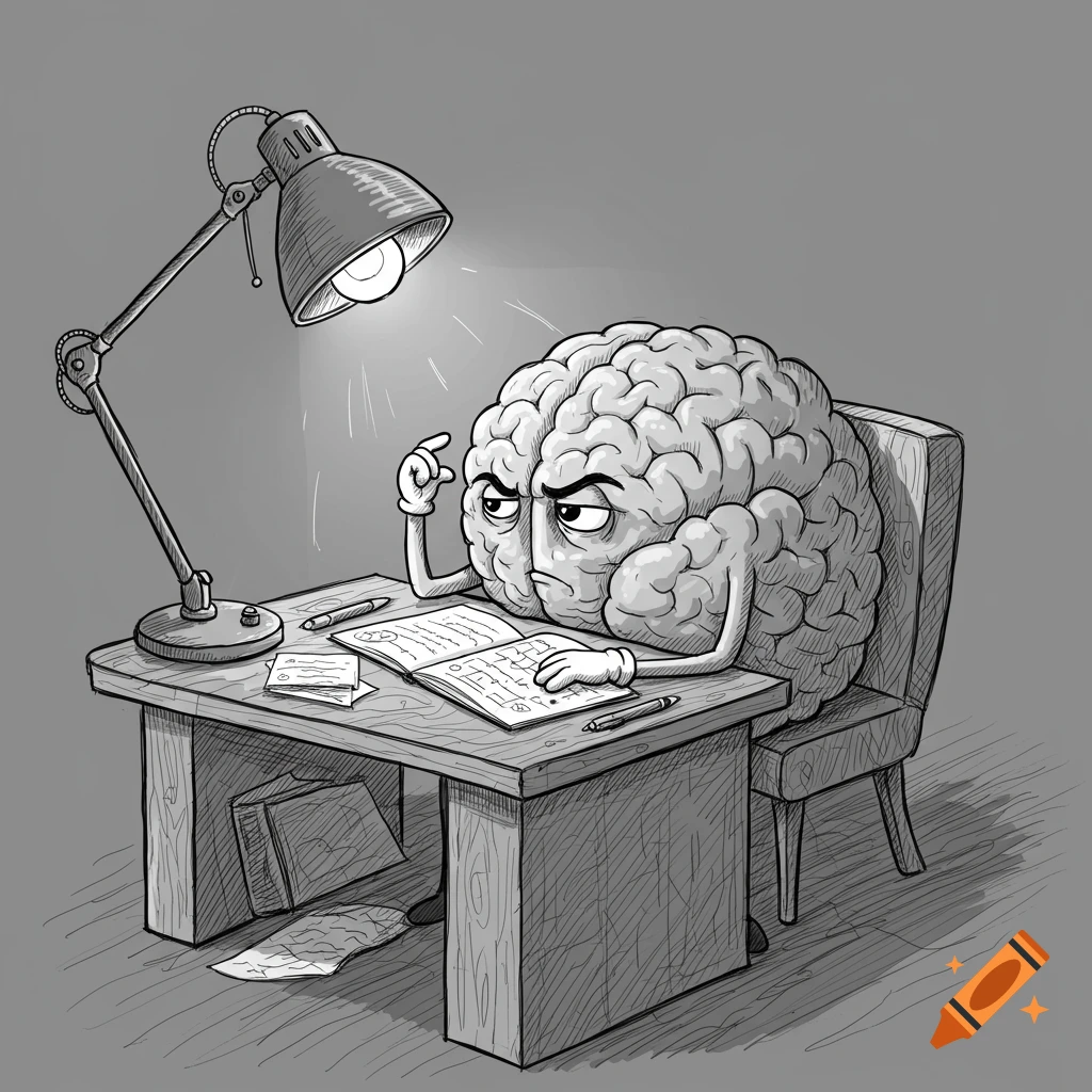 Black and white hand-drawn cartoon of a thoughtful brain character studying at a desk under a lamp.