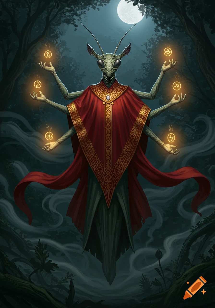 A multi-armed mantis-headed figure in a red and gold poncho floats in a dark forest, holding glowing symbols under a full moon.