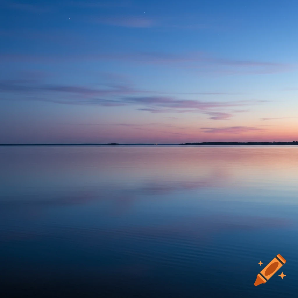 Still water reflecting a twilight sky with deep blue, lilac, and rose hues, faint ripples, and a distant horizon.
