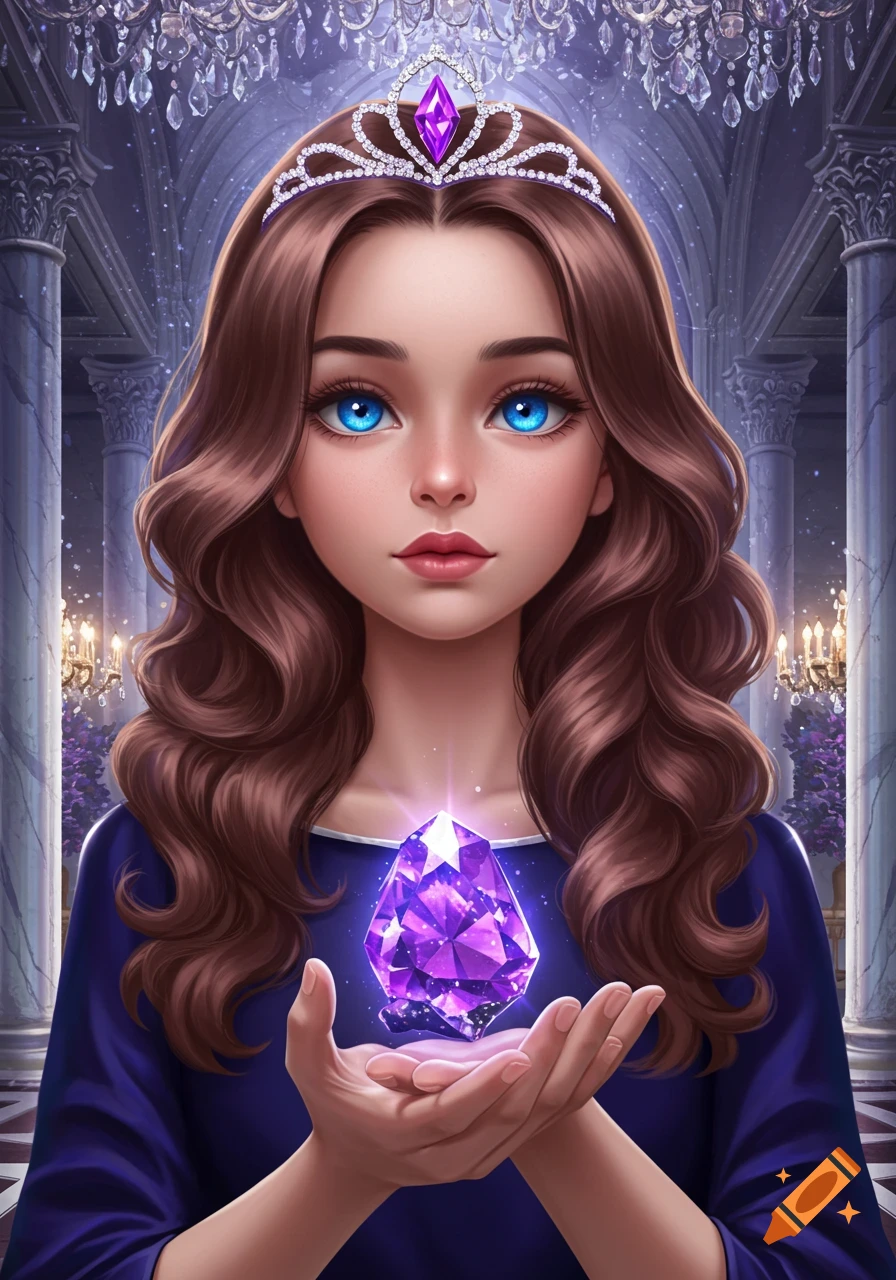 A stylized portrait of a girl with blue eyes and brown hair wearing a gem tiara, holding a glowing purple amethyst in a grand hall.