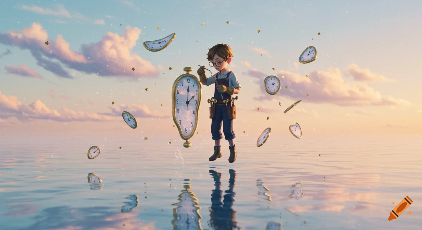 A young clockmaker floats above a reflective sea at dawn, repairing a melting clock amidst floating timepieces and stars. Surreal animation.