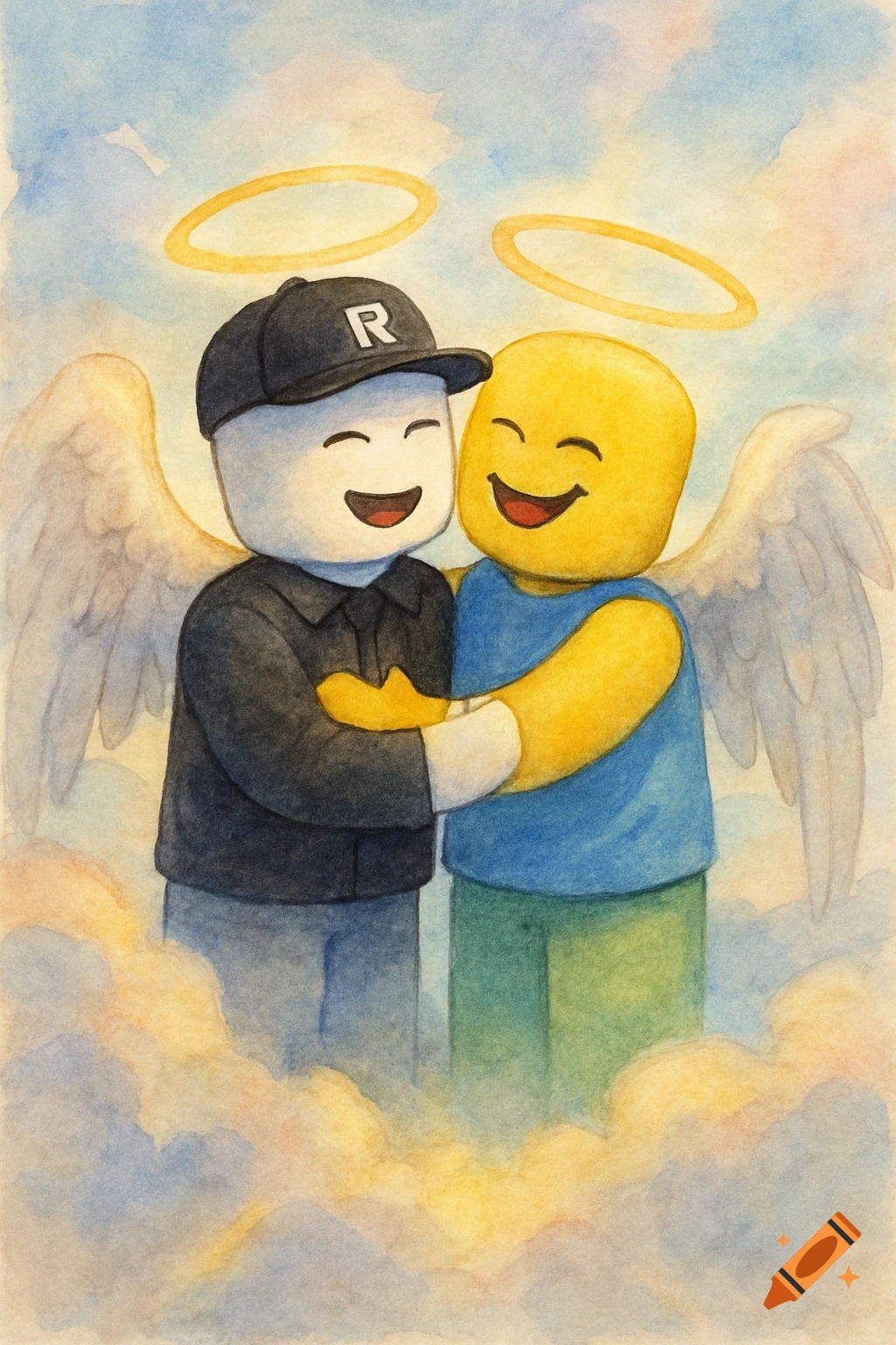 Two smiling Roblox characters, a white-skinned Guest in a black R-cap and a yellow Noob, with angel wings and halos, hug in watercolor clouds.