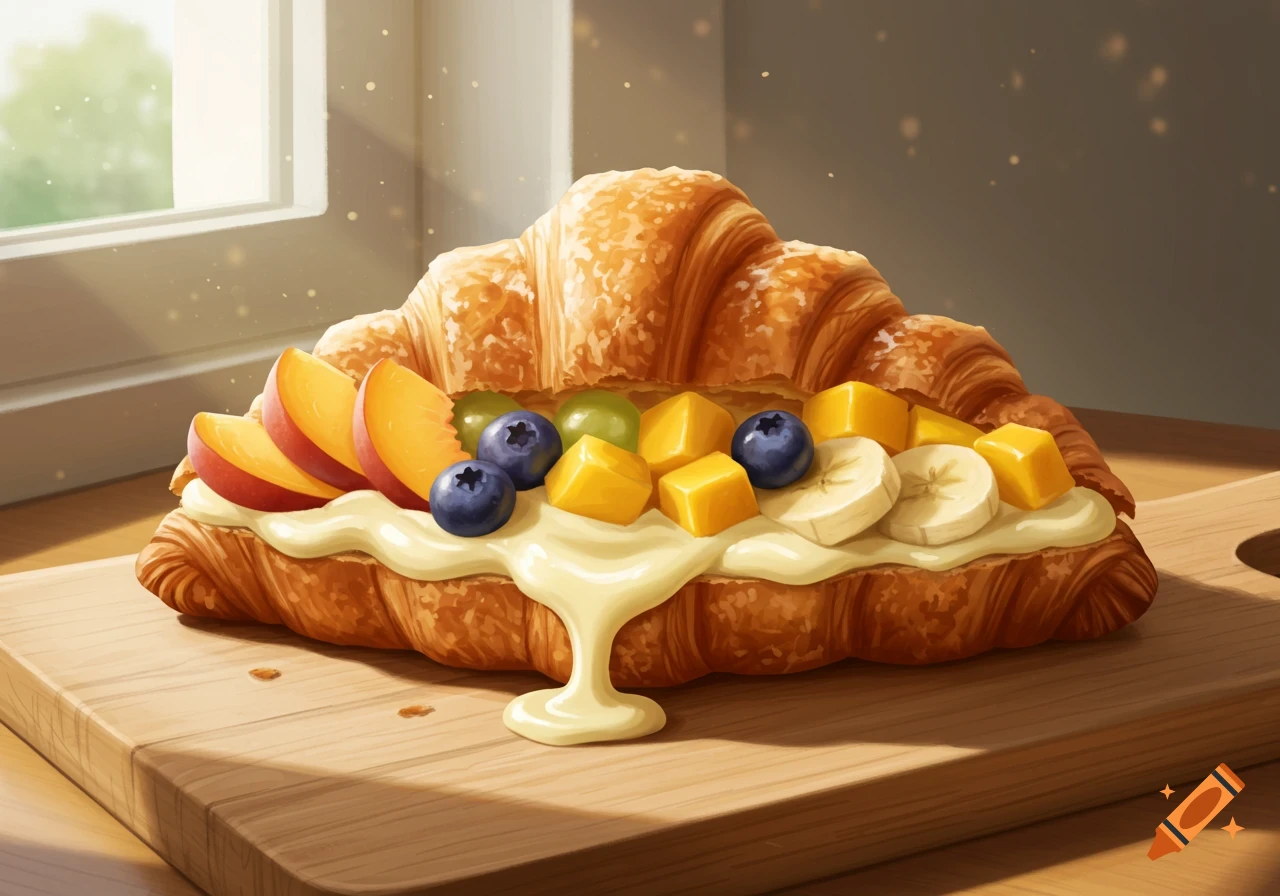 A croissant filled with vanilla cream, peaches, blueberries, grapes, bananas, and mango cubes, on a wooden board by a window.