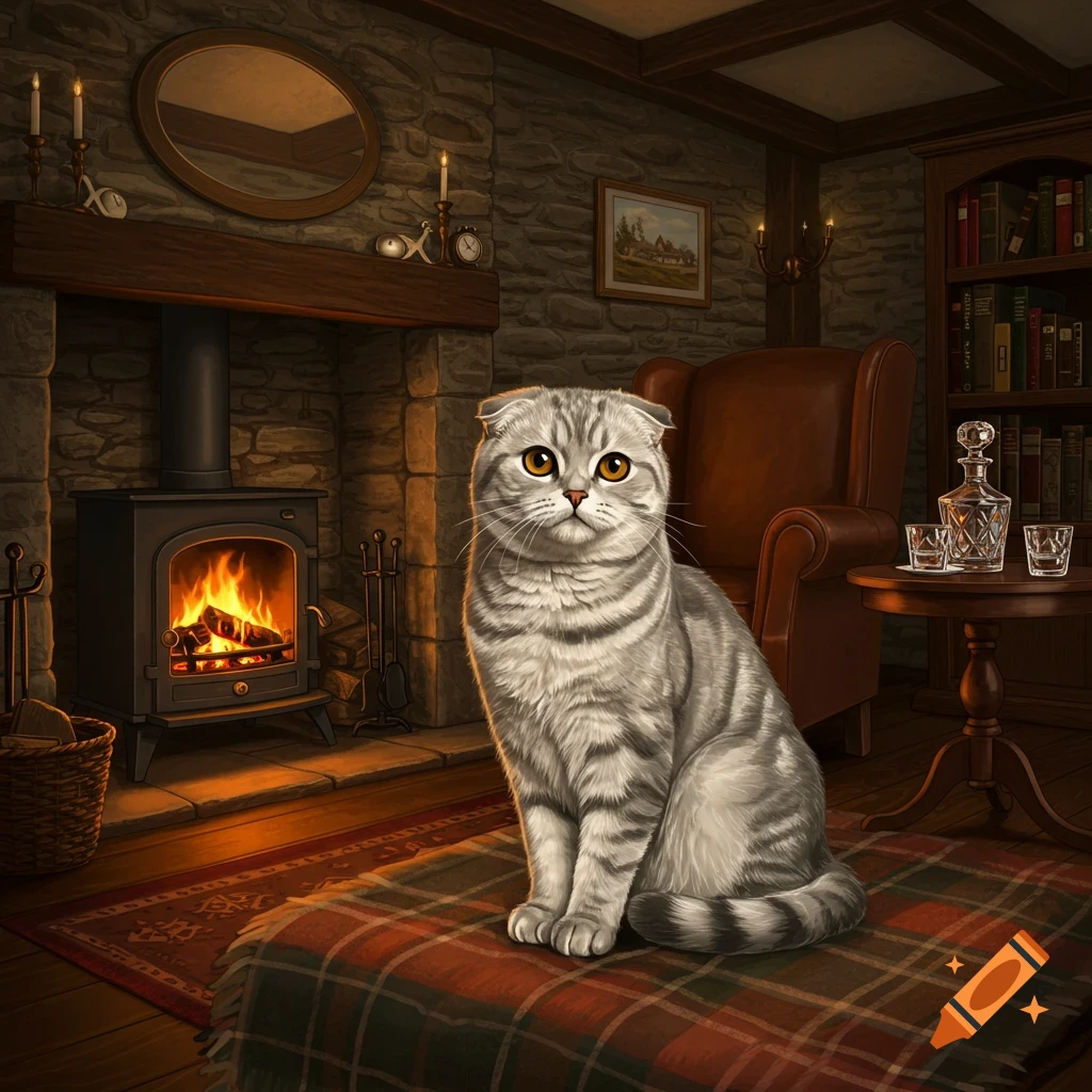 A photorealistic Scottish Fold cat sits on a plaid rug in front of a lit fireplace in a cozy, rustic room.