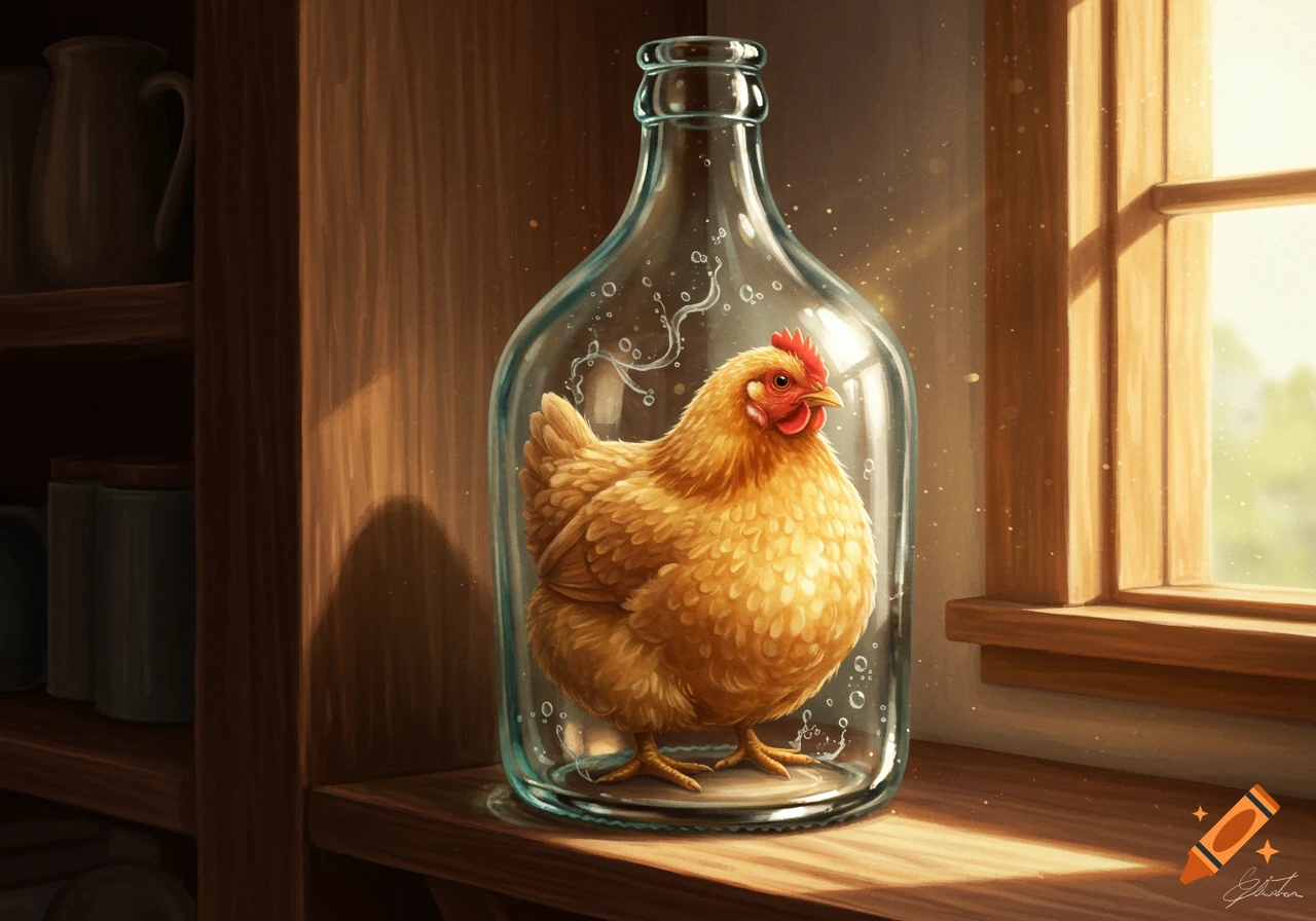 A golden-feathered chicken stands inside a clear glass bottle on a wooden shelf next to a sunny window in a digital painting.