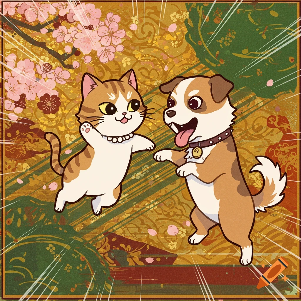 A cartoon cat and dog playfully interacting in a stylized Japanese setting with cherry blossoms, rendered in an anime style.