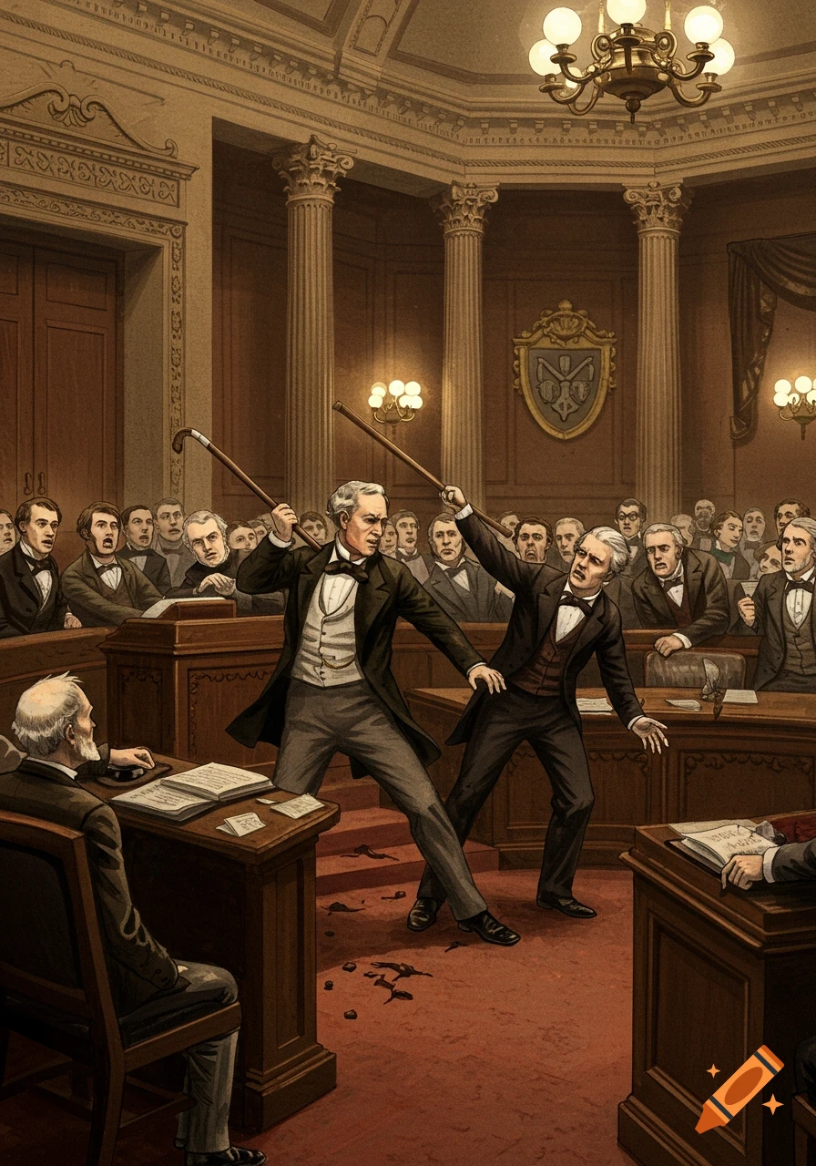 Two men in 19th-century attire fight with canes in a legislative chamber as onlookers react. Illustrated in a painterly style.