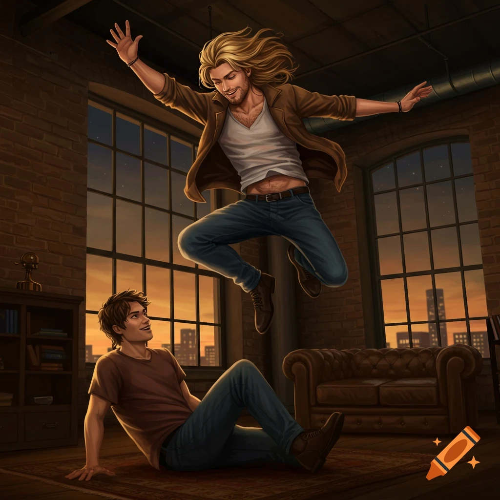 Digital illustration of a blonde man jumping above a seated brown-haired man in a loft apartment at sunset.