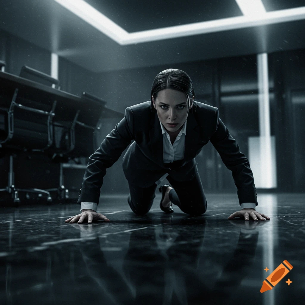 A determined woman in a dark business suit crawls on a glossy floor in a dimly lit, modern office, photorealistic.