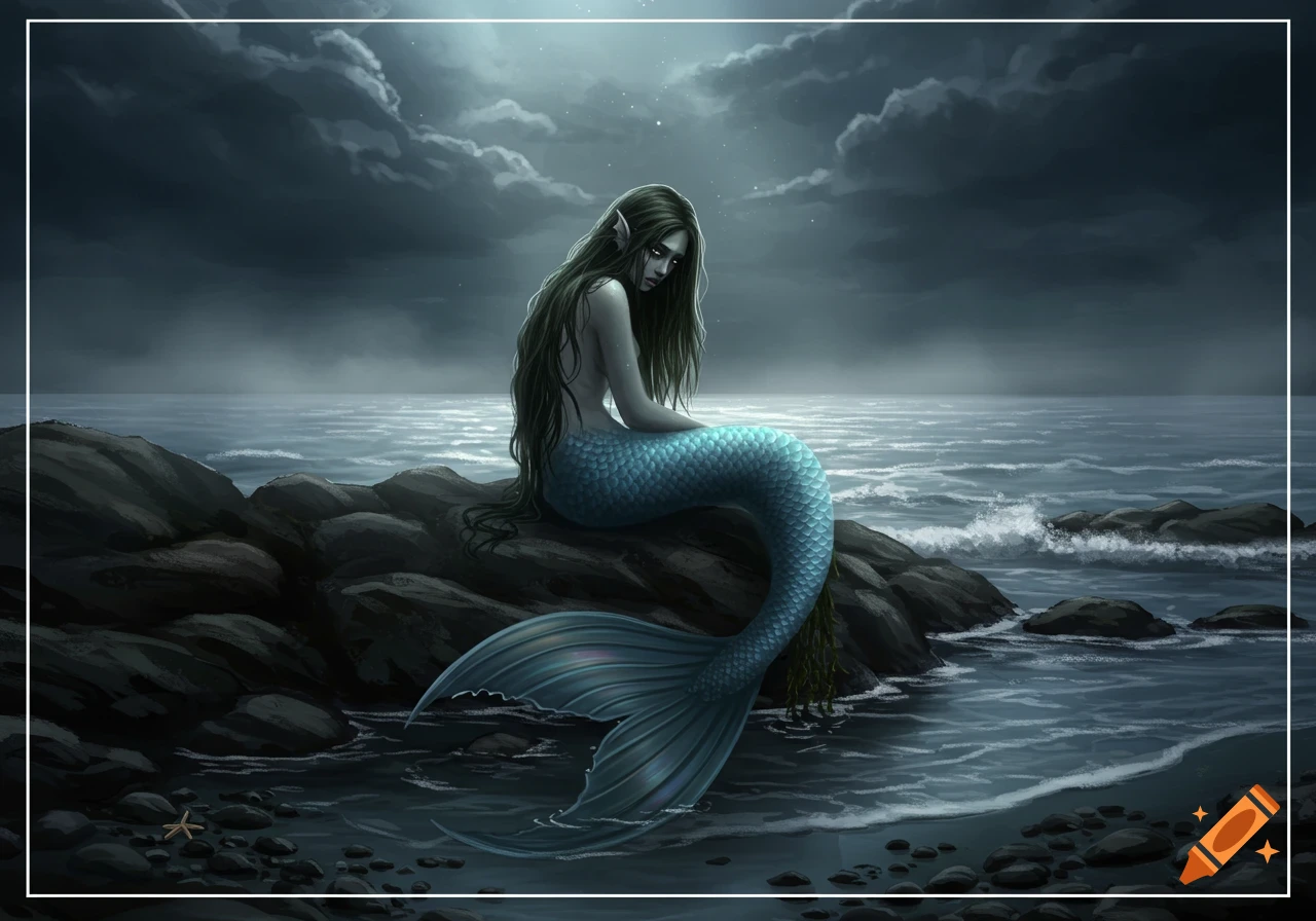 A sad mermaid with long dark hair sits on rocks by a dark, moody sea under a cloudy night sky.