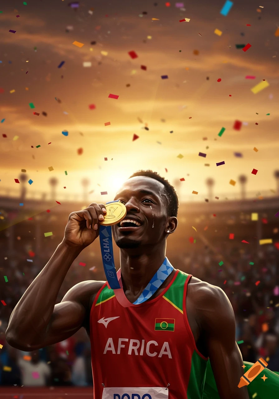 Triumphant African male athlete in a red jersey holds a gold medal to his lips, celebrating in a stadium with confetti at sunset, photorealistic.
