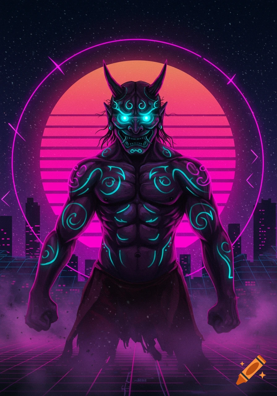 A muscular Oni demon with glowing blue eyes and tattoos stands in a neon pink and purple retrowave city with a sunset.