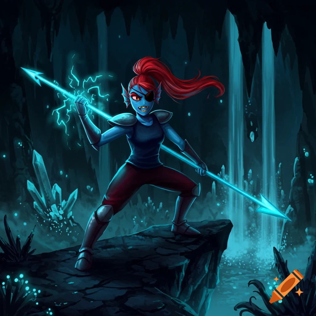 Undyne, a blue-skinned warrior with red hair and an eyepatch, holds a glowing blue spear in a dark, mystical cave with waterfalls and crystals.