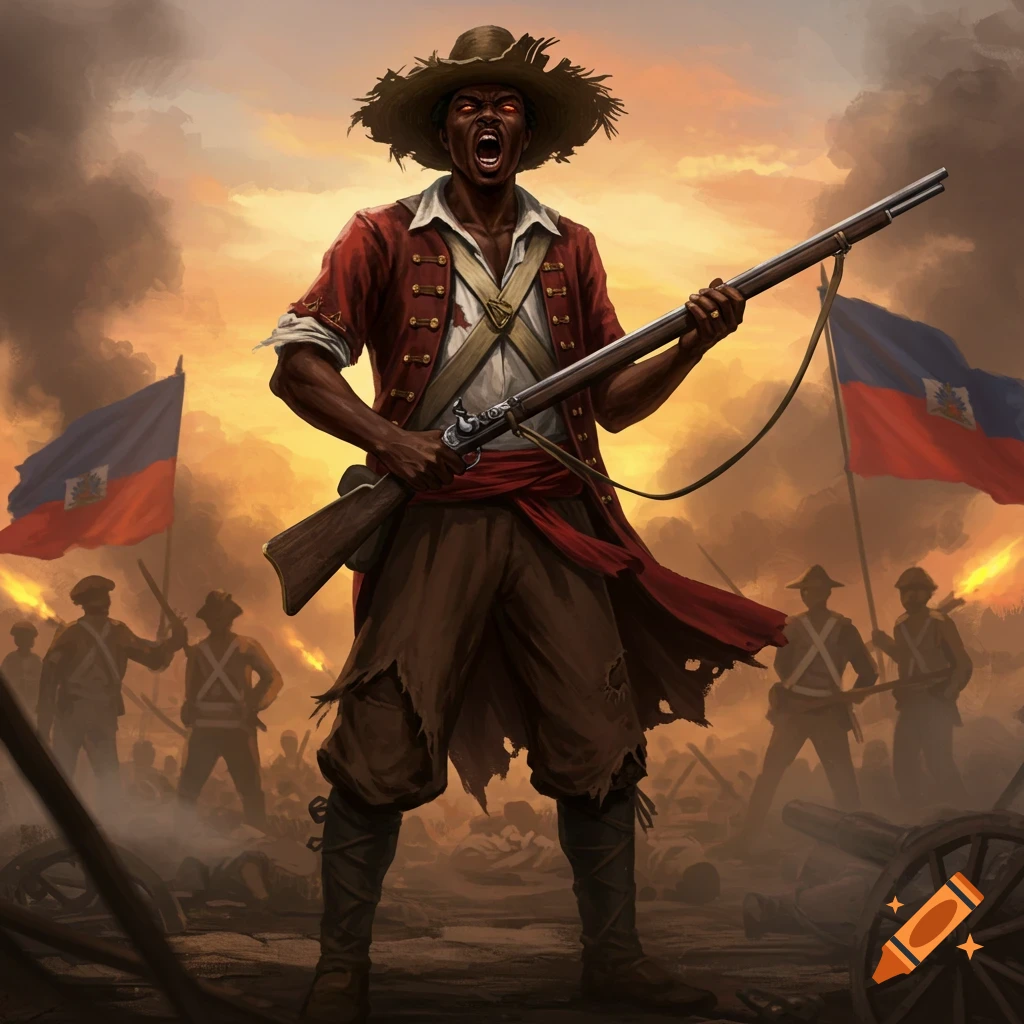 A screaming Black soldier in historical attire holds a rifle, with Haitian flags and a chaotic battle scene at sunset in an illustration.