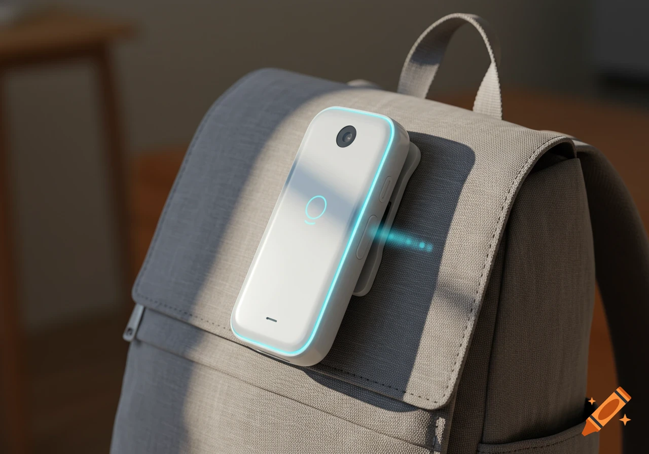 A sleek white electronic device with a camera and blue glow, clipped onto a light grey canvas backpack in a photorealistic style.