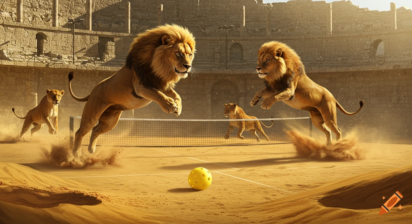 Photorealistic image of two lions jumping on a sand pickleball court with two lionesses and ancient ruins in the background.