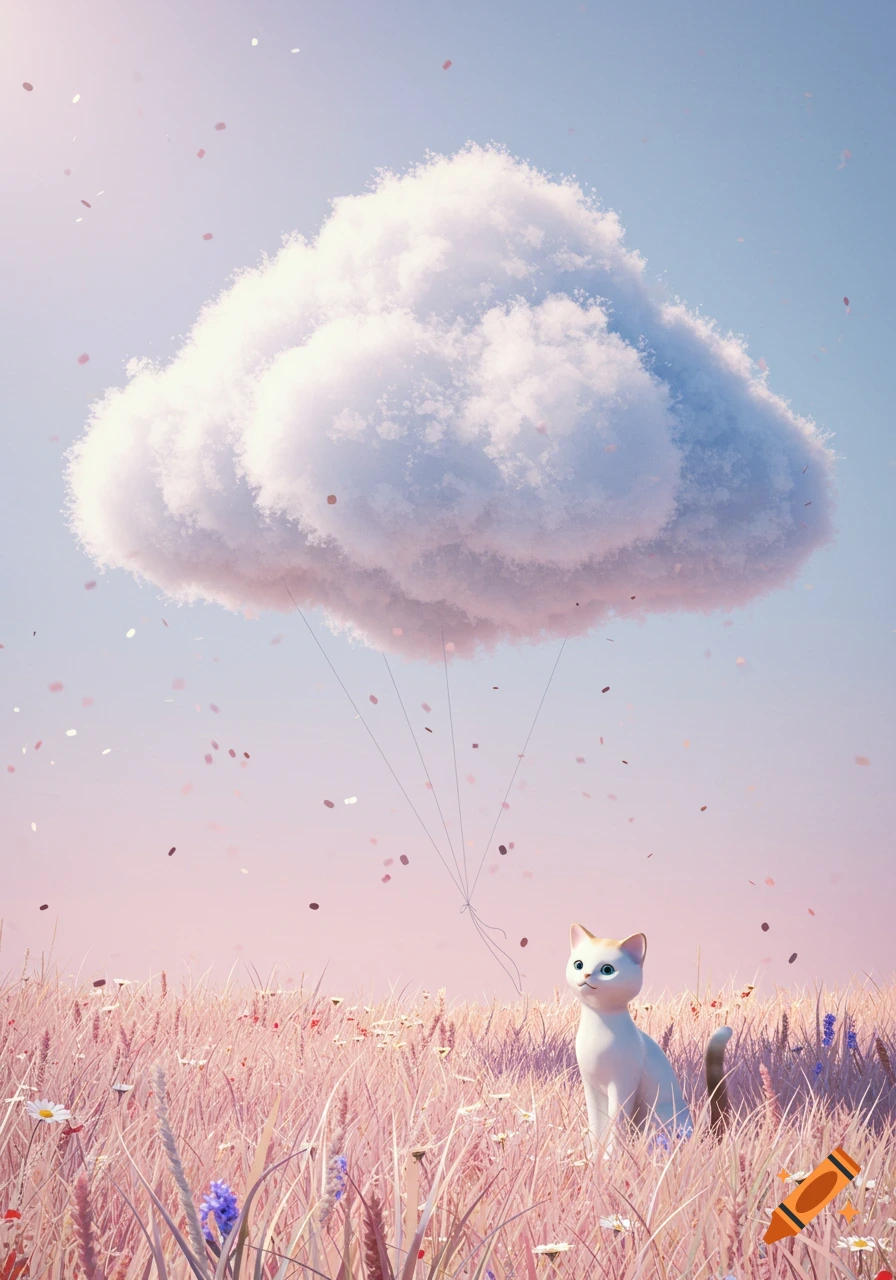 A white cartoon cat sits in a field of pink grass, looking up at a large fluffy cloud attached by strings in a dreamy pastel landscape.