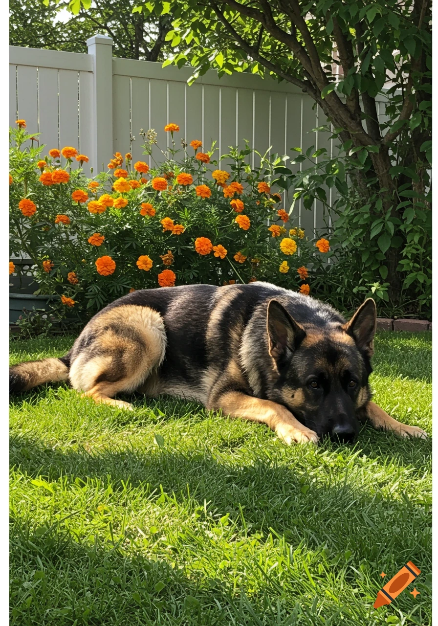 A photorealistic German Shepherd dog lies on green grass next to orange flowers and a white fence.