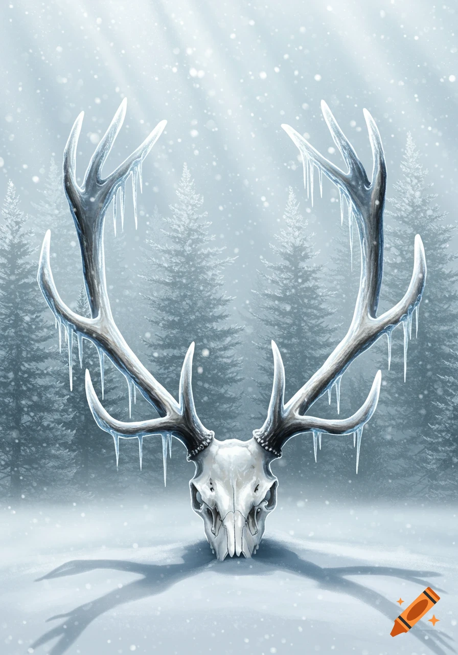 A deer skull with large, icy antlers and icicles rests in a snowy winter forest under falling snow and shafts of light.