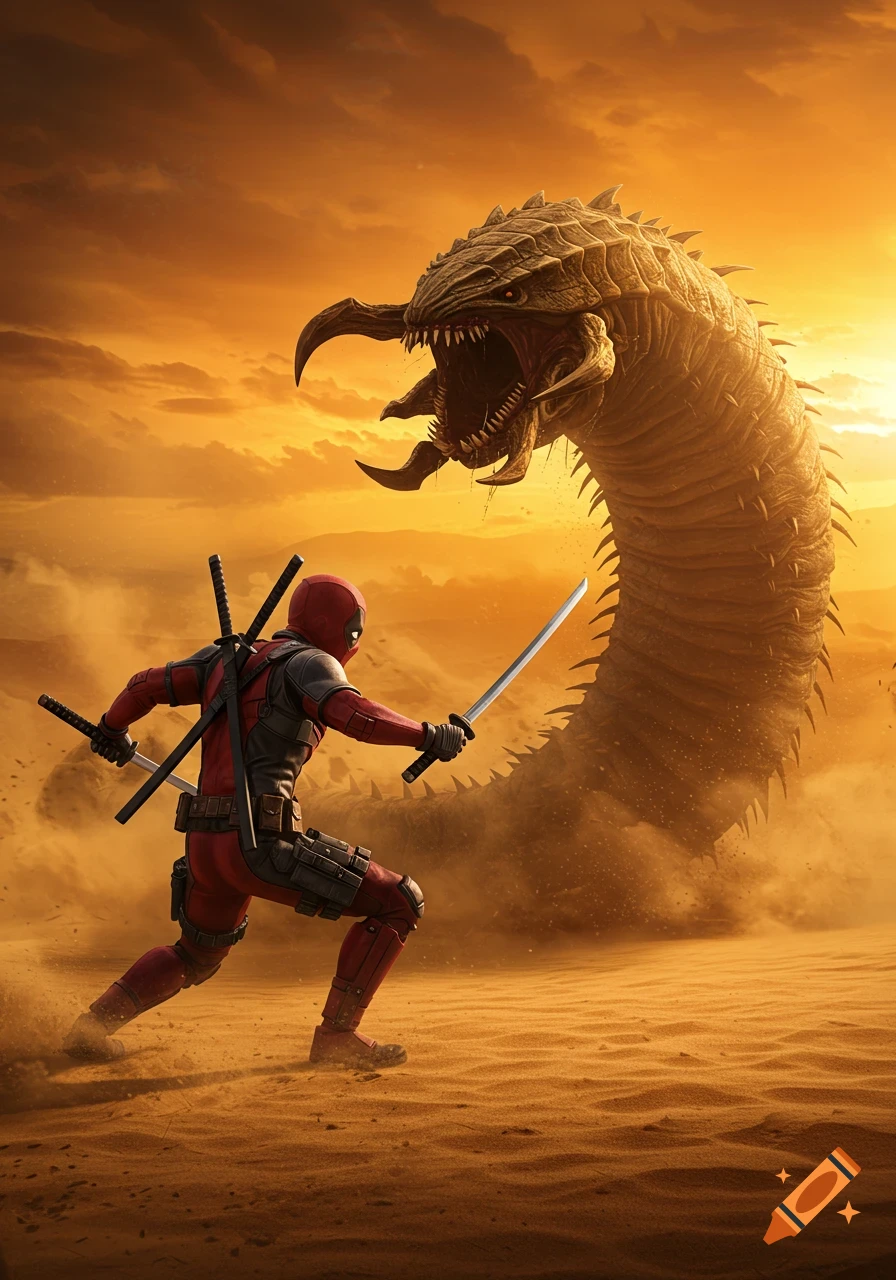 Deadpool wields two katanas, facing a giant, fanged desert worm in a dramatic, orange-hued landscape.