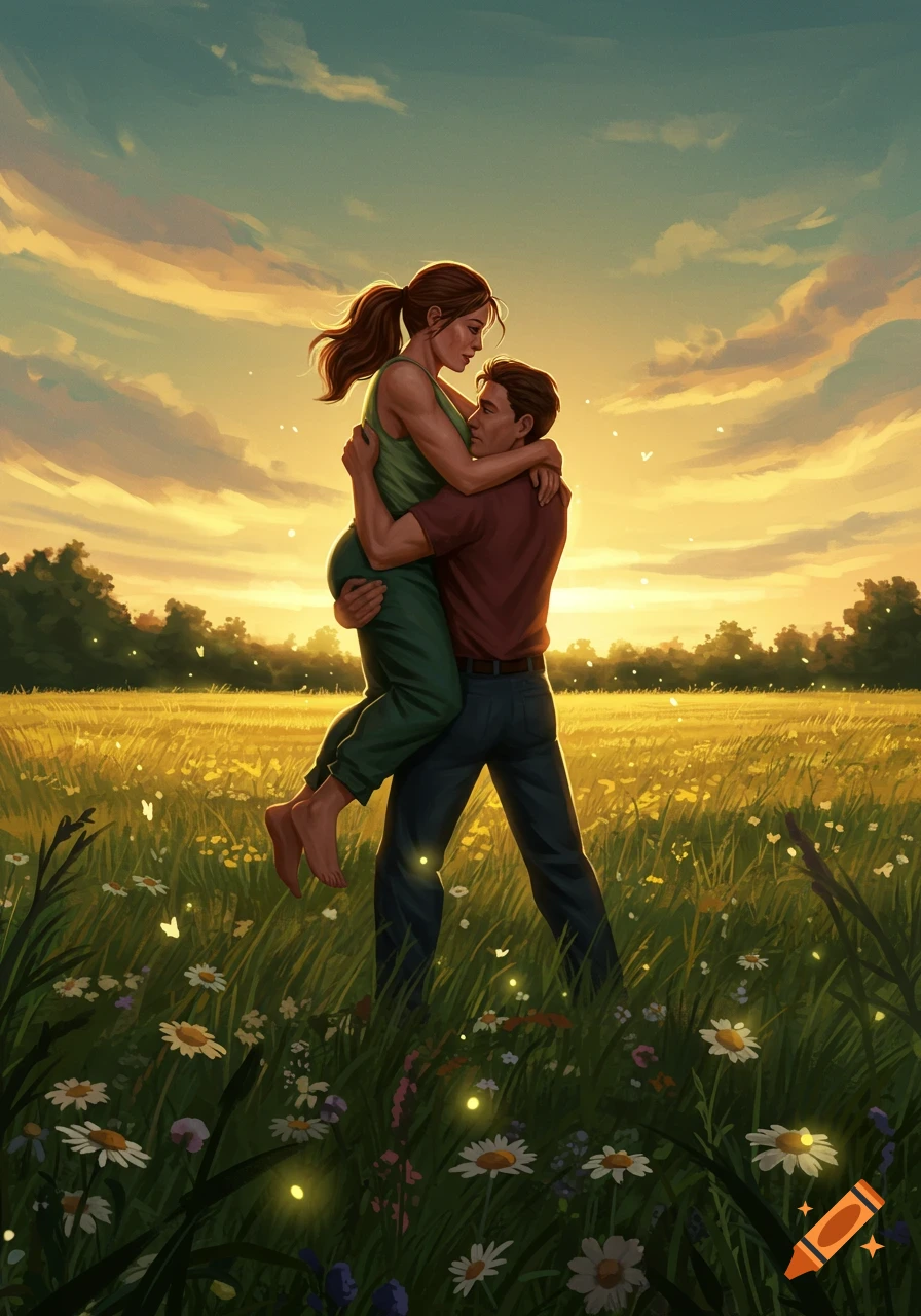 A man holds a woman in a romantic embrace in a golden field with wildflowers and fireflies at sunset, illustration.
