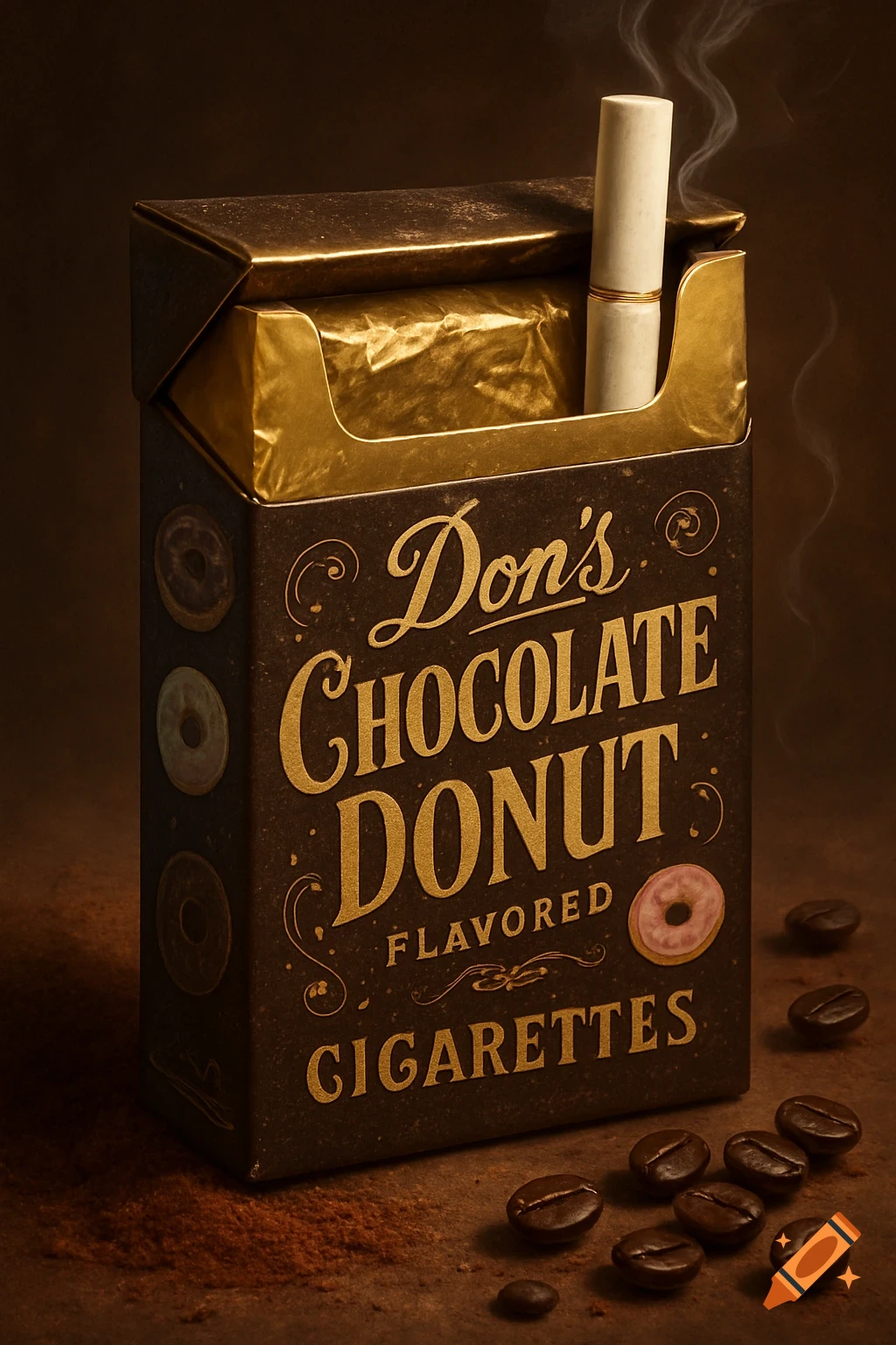 A gold and dark brown cigarette pack labeled "Don's Chocolate Donut Flavored Cigarettes" with coffee beans and powdered chocolate.