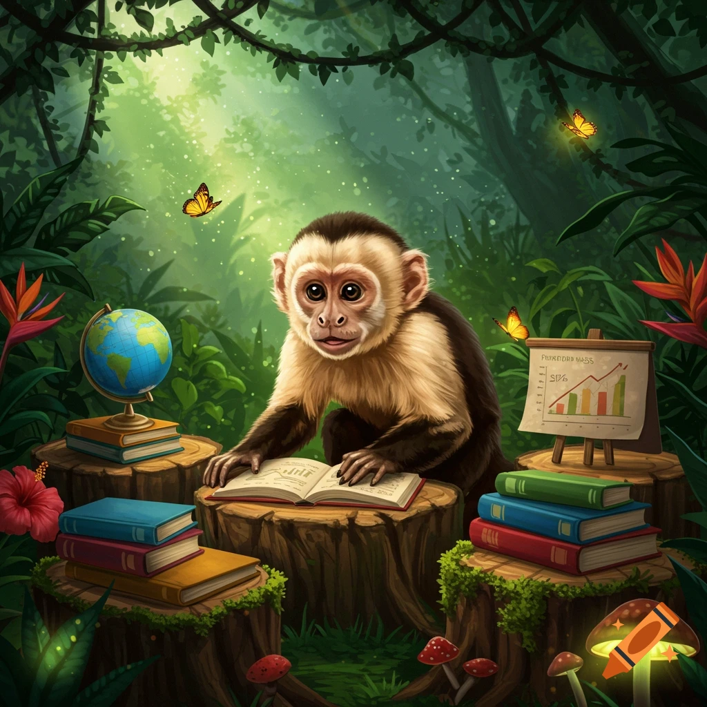 A cute capuchin monkey reads a book on a tree stump in a lush jungle, surrounded by books, a globe, and butterflies.