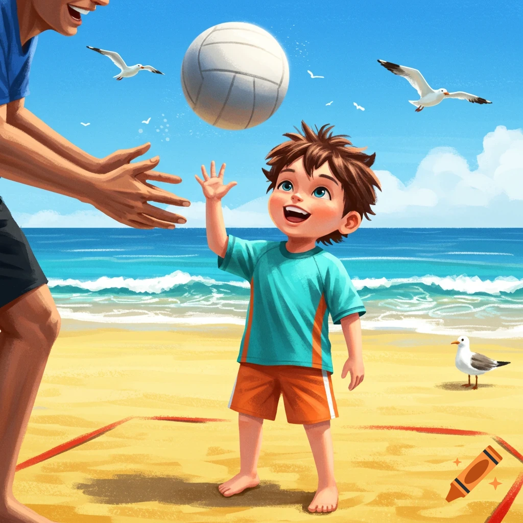 An illustration of a happy little boy playing volleyball with an adult on a sunny beach, with seagulls in the sky.