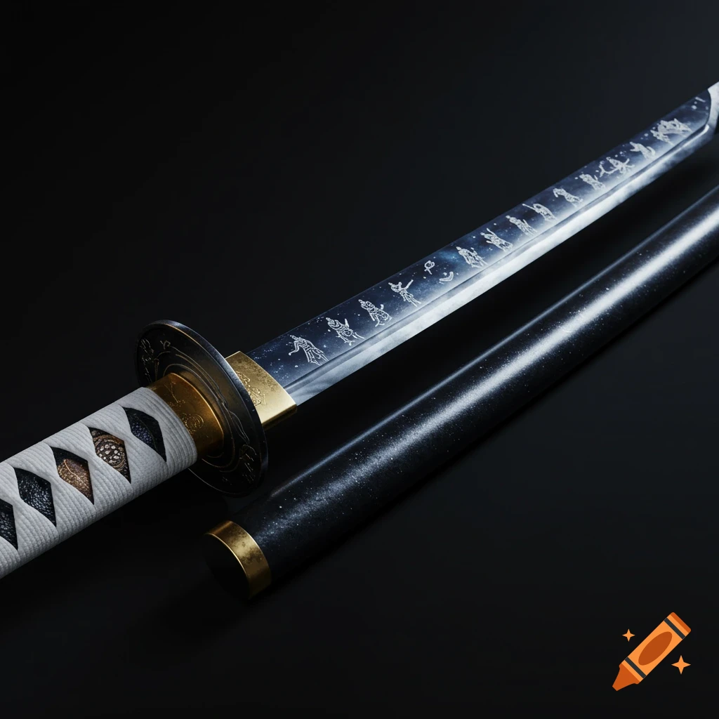 A detailed, photorealistic katana with a dark, starry blade, white handle wrap, and black scabbard against a dark background.
