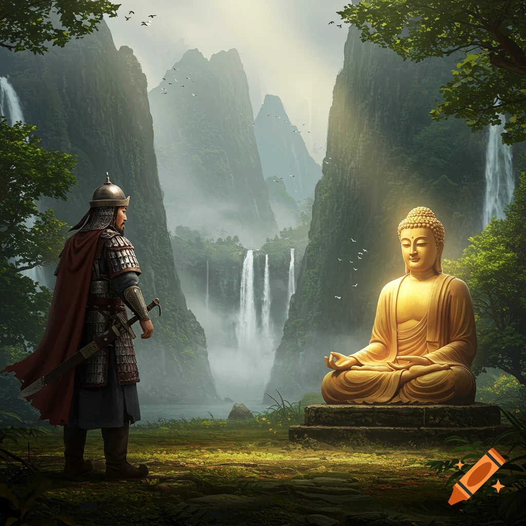 A warrior in detailed armor stands before a glowing golden Buddha statue, set in a mystical mountain valley with waterfalls and birds.