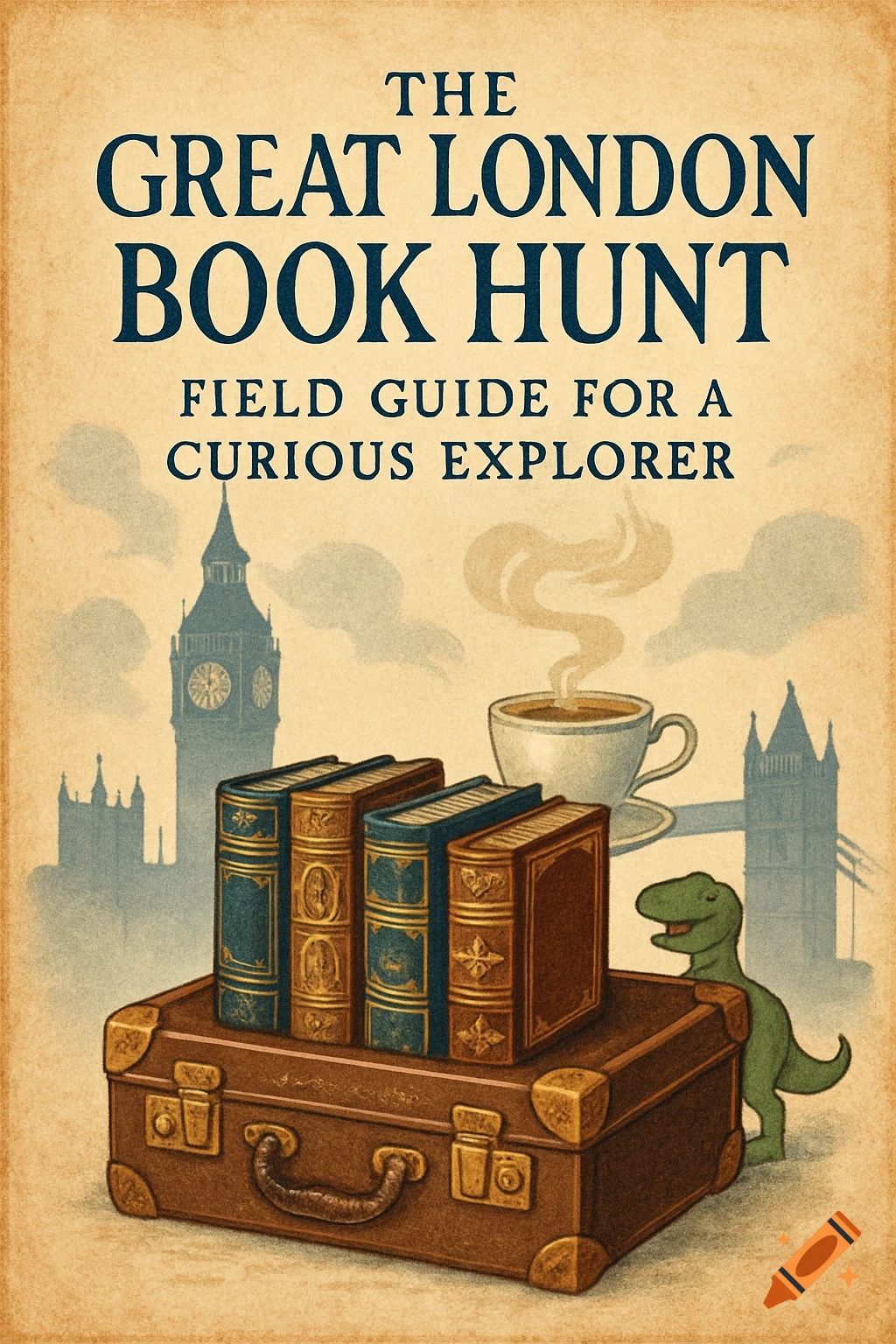 A vintage book cover illustration titled "The Great London Book Hunt" featuring a stack of books on a suitcase, London landmarks, a teacup, and a small dinosaur.