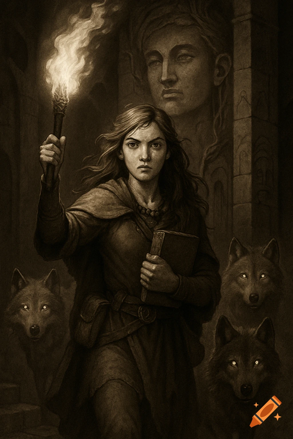 A young woman holds a lit torch and a book, standing in dark ancient ruins with large carved faces and three glowing-eyed wolves.