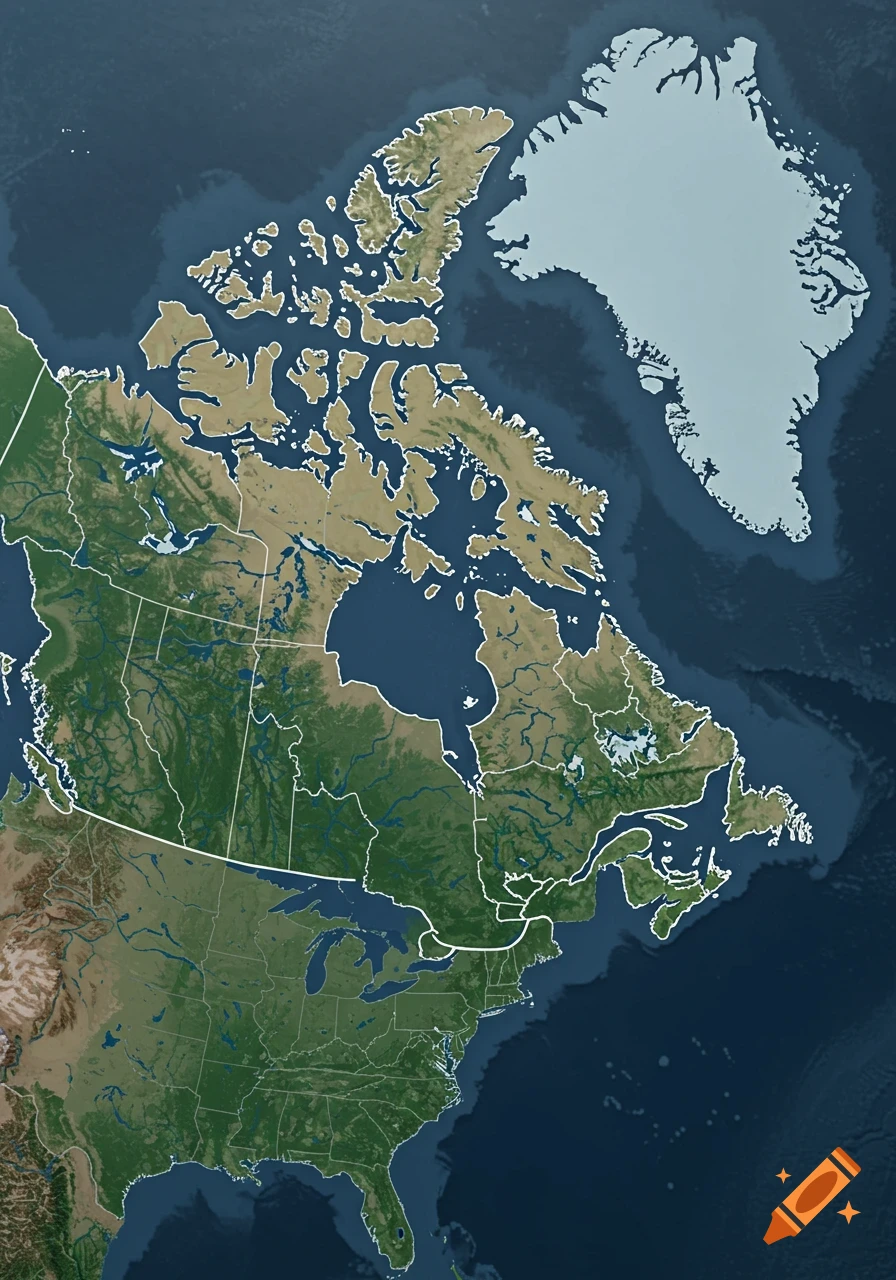 A detailed satellite map of Canada, parts of the USA, and Greenland, with white lines showing national and provincial borders.