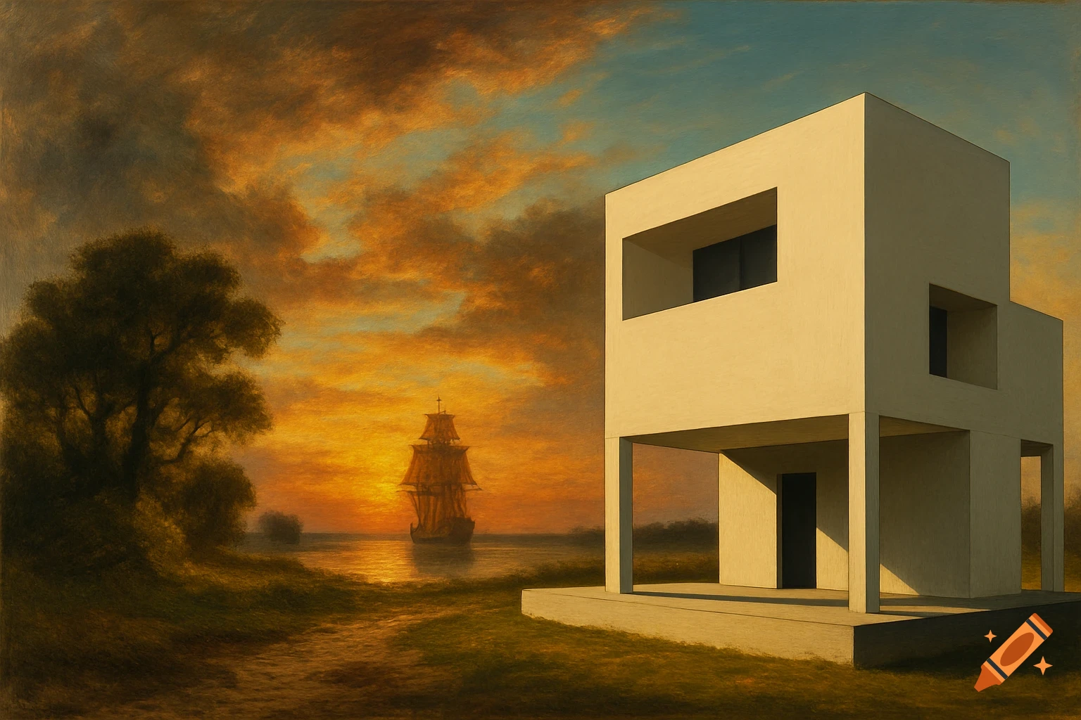 A minimalist white building on a grassy shore at sunset, with a sailing ship on the water and a dramatic orange sky.