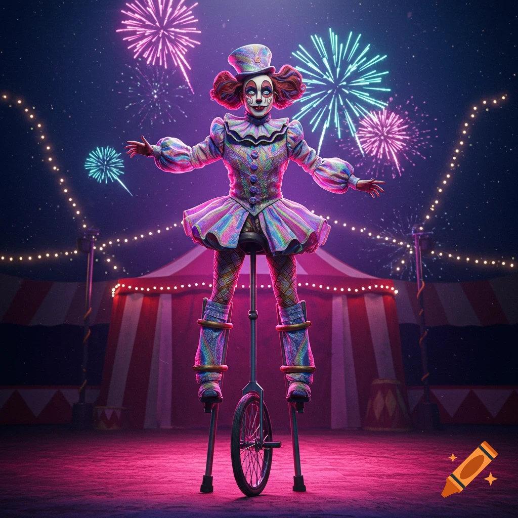 A stylized clown-like character in a colorful ruffled outfit stands on a unicycle with stilts under fireworks at a circus tent at night.