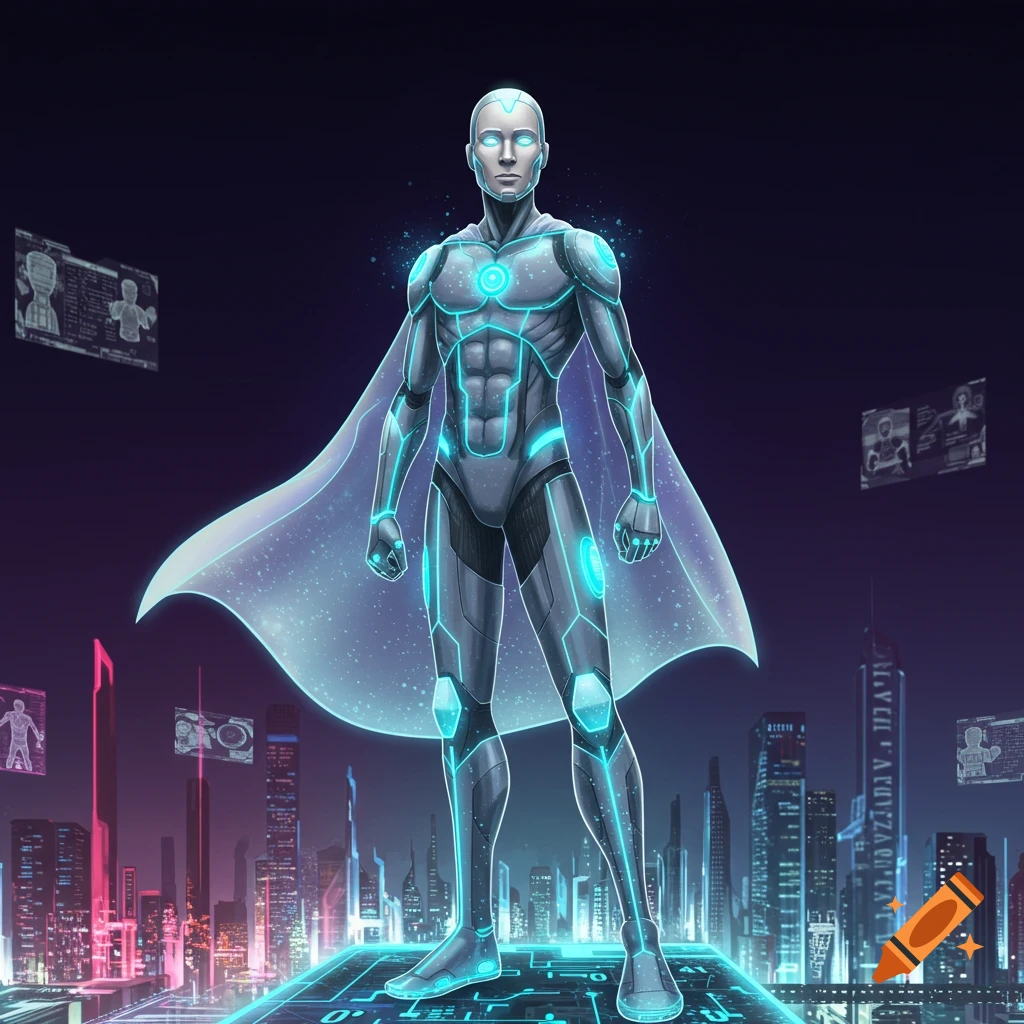 A futuristic robot superhero with glowing blue lines and a translucent cape stands in a neon-lit city with holographic screens.