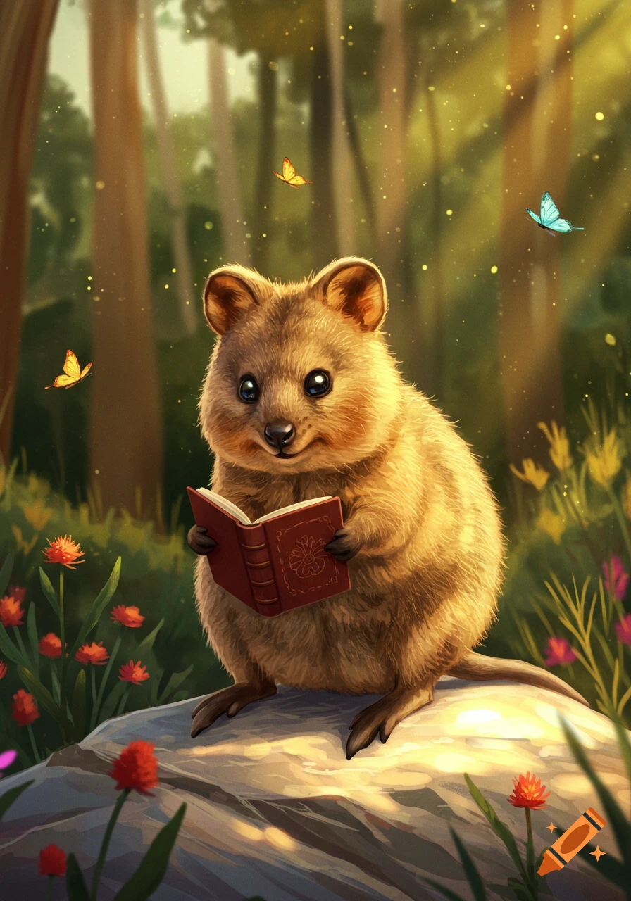 A fluffy quokka sits on a rock in a sunny forest, happily reading a small red book, with butterflies fluttering around in a digital illustration.