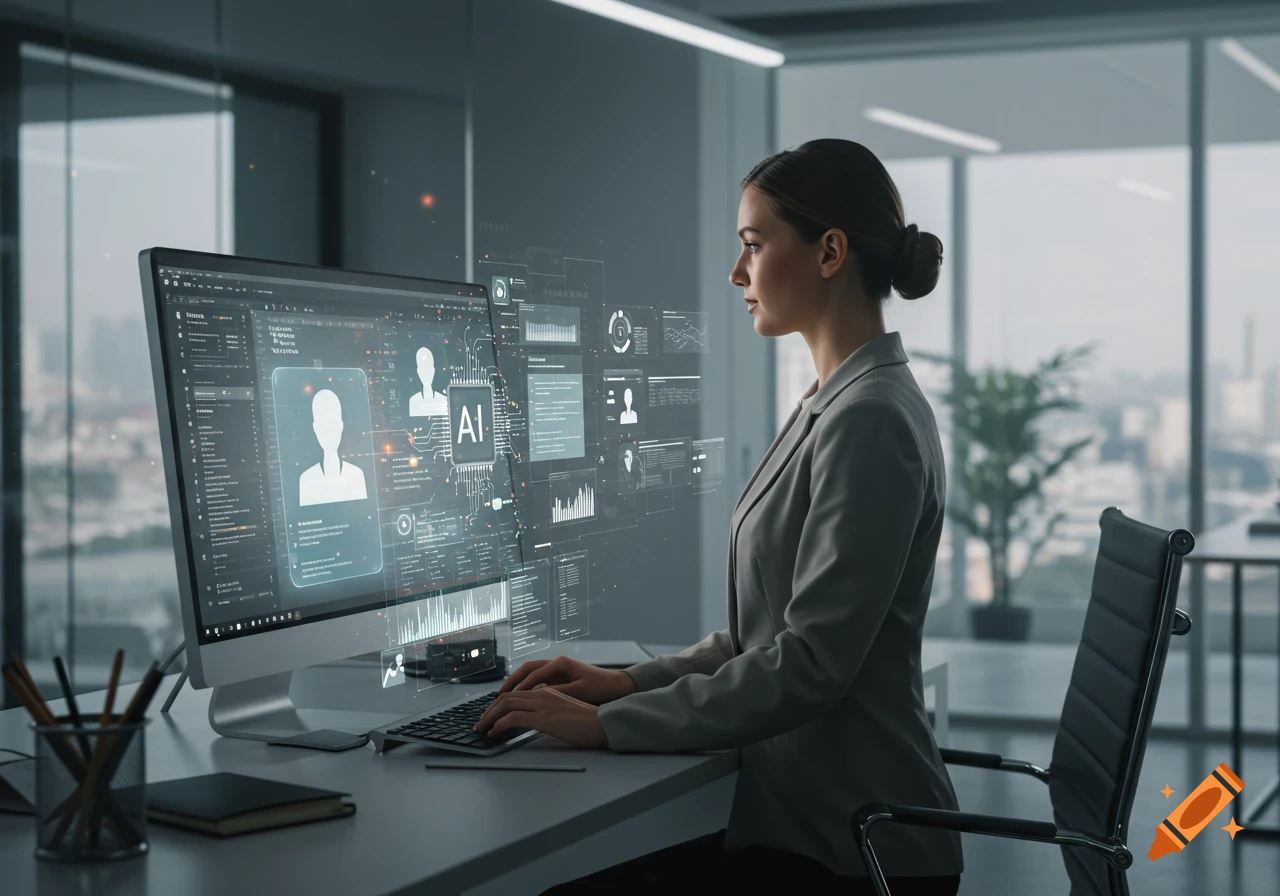 Woman in a suit uses a computer with AI interfaces for recruitment in a modern office, digital art realistic.