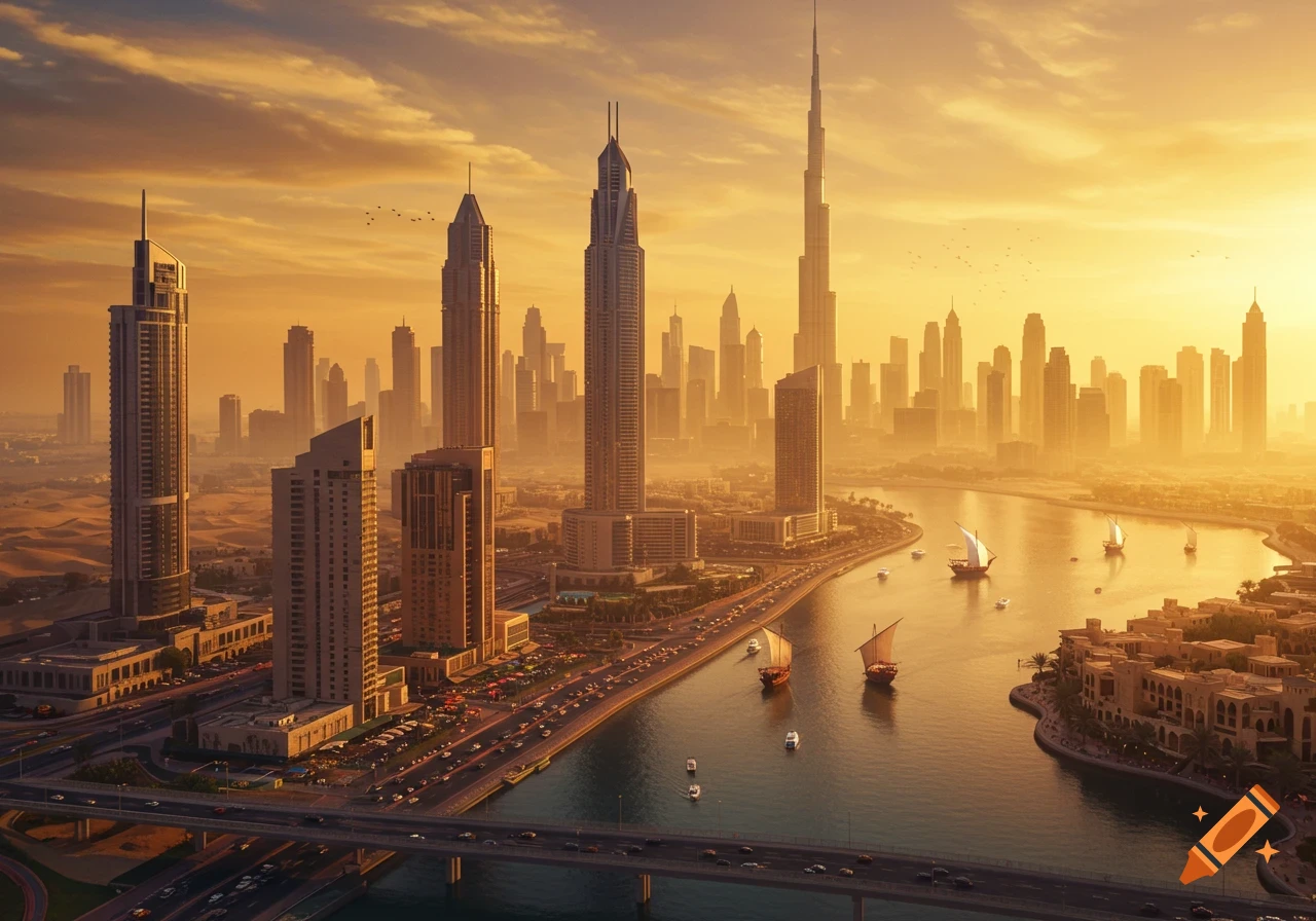 Aerial golden hour view of Dubai's cityscape with the Burj Khalifa, a river, boats, a highway, and distant desert dunes.