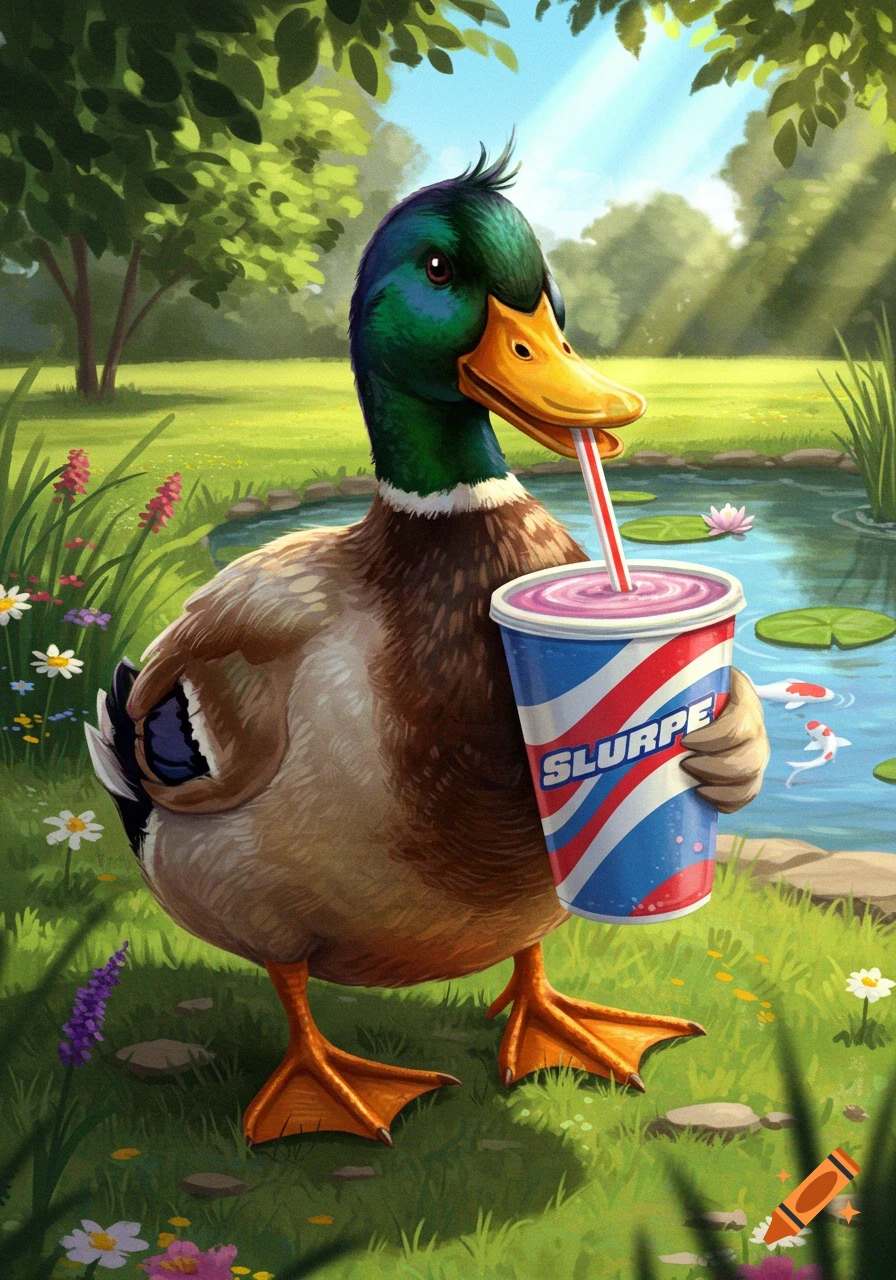 A cartoon mallard duck in a lush park drinks a pink Slurpee from a red, white, and blue cup next to a pond.