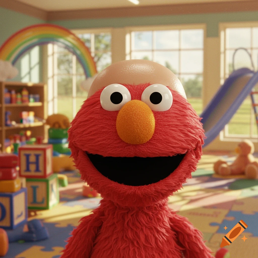 A smiling bald Elmo puppet in a brightly lit playroom with a rainbow, building blocks, and a slide in the background.