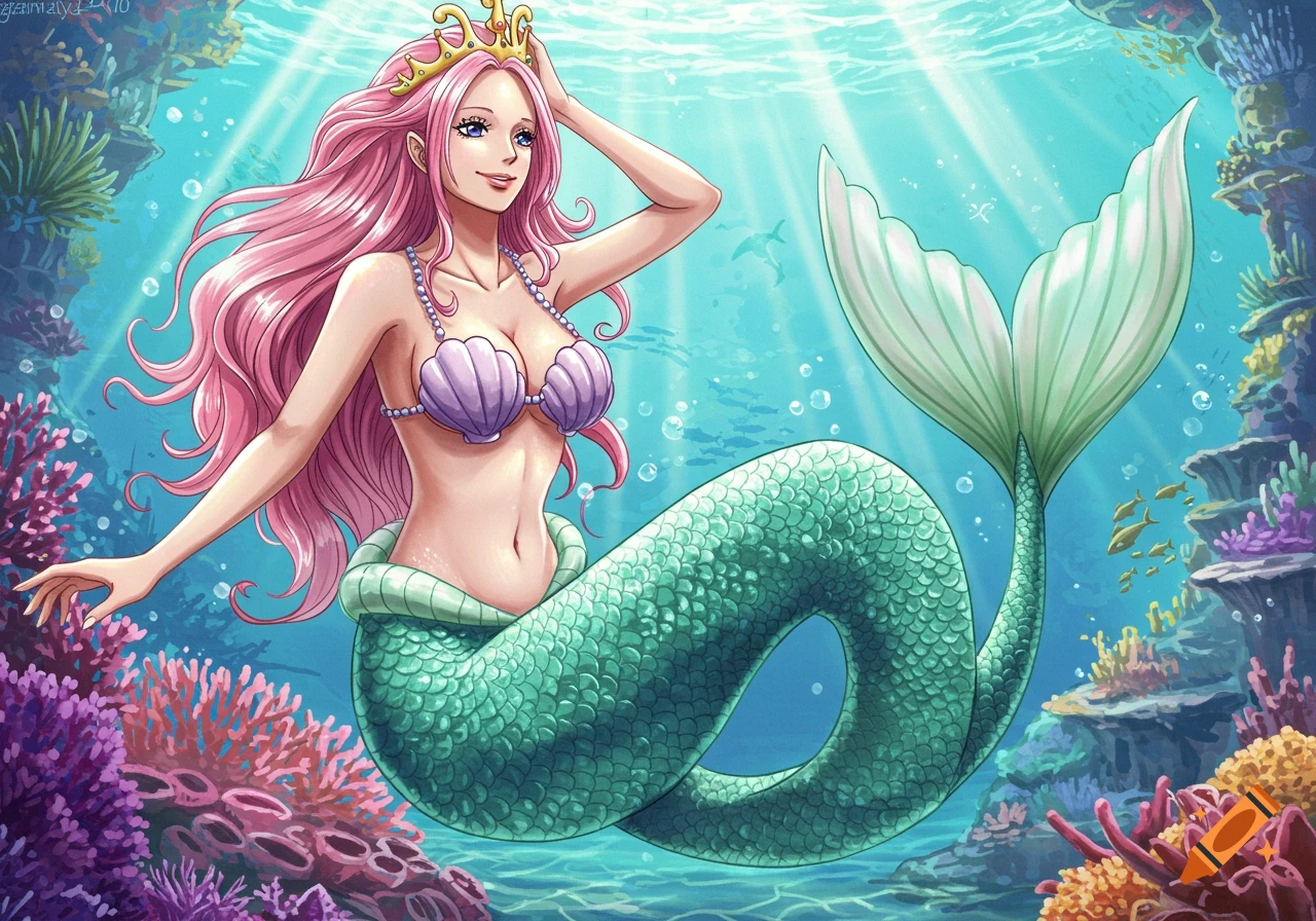 An anime-style mermaid with long pink hair, a gold crown, and a seashell bikini top swims in a vibrant coral reef.