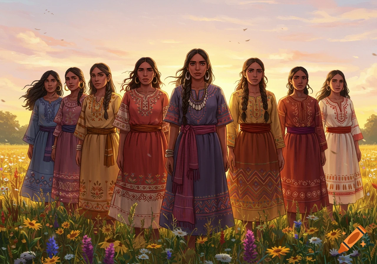 Seven women in colorful, embroidered dresses stand in a sunlit wildflower field at sunset, illustrated.