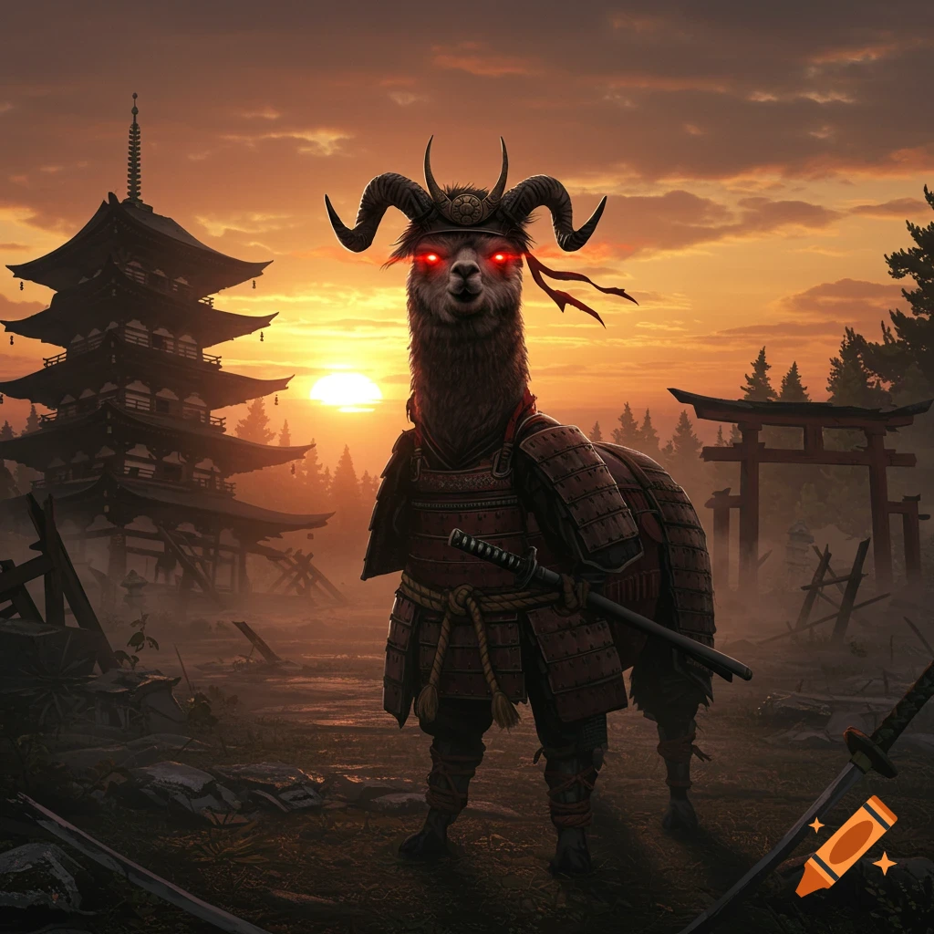 A demonic samurai llama with glowing red eyes, wearing horned armor, stands in a ruined Japanese landscape at sunset, with a pagoda and torii gate.