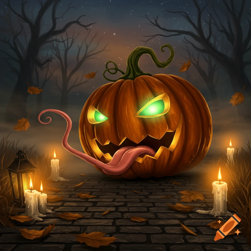 Spooky jack-o'-lantern with glowing green eyes and a long pink tongue on a cobblestone path, surrounded by candles and autumn leaves in a dark, mystical forest, digital art.