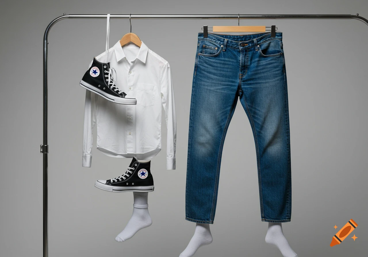 Black Converse sneakers, a white button-down shirt, and blue jeans hang on a metal clothes rack, with white socks visible below.