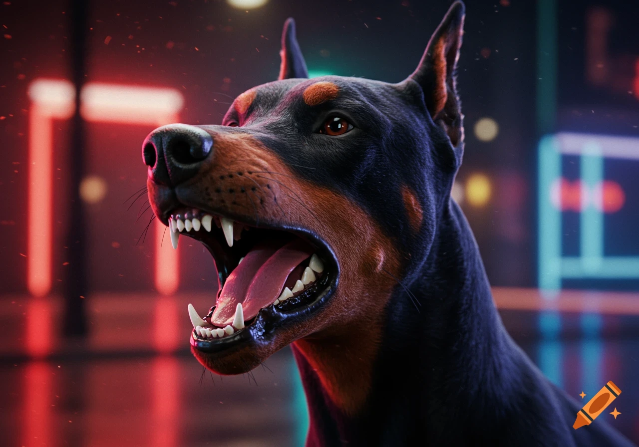 A close-up 3D render of a black and tan Dobermann barking, showing its teeth and tongue, against a blurred neon red and blue background.